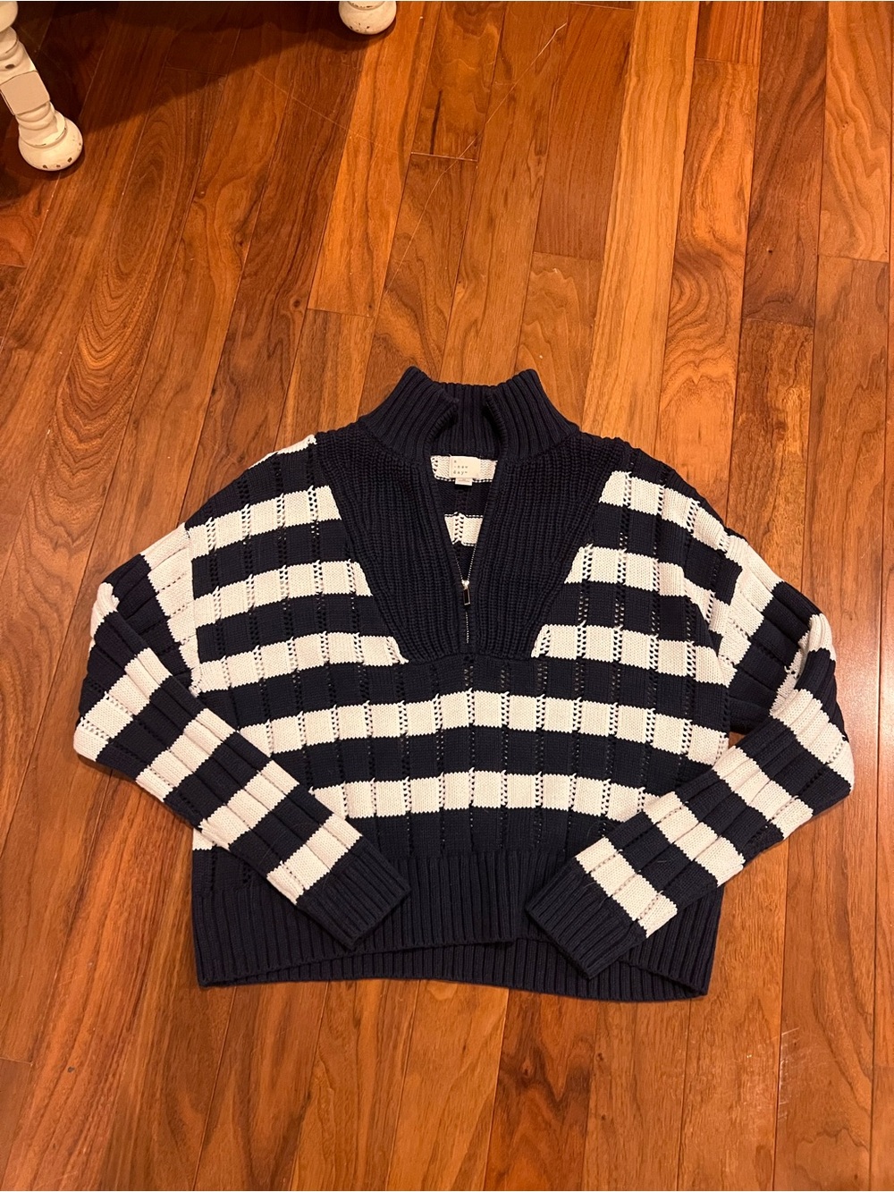 a new day Navy & White Striped Half-Zip Cowl Sweater Medium